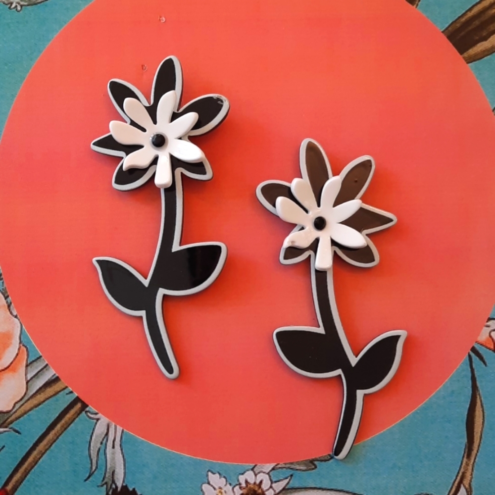 Large Whimsical Black and White Flowers Earrings.